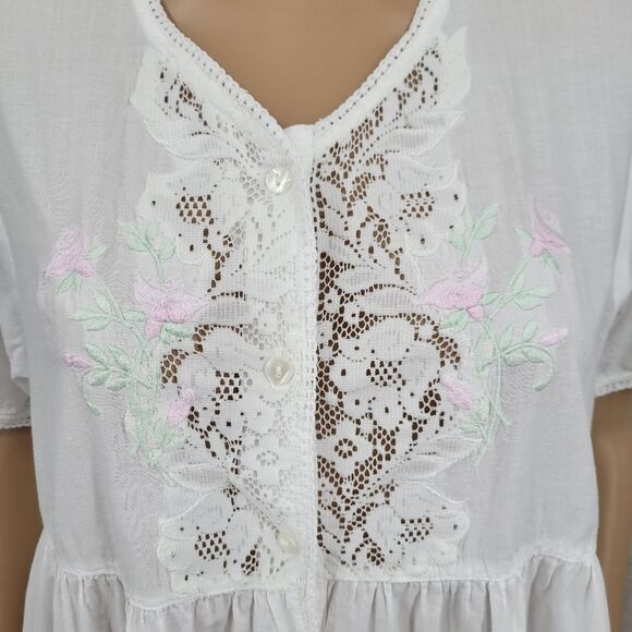 Erika Taylor White Cotton Embroidered Lace Button Up Nightgown Pajama Dress - Picture 6 of 16